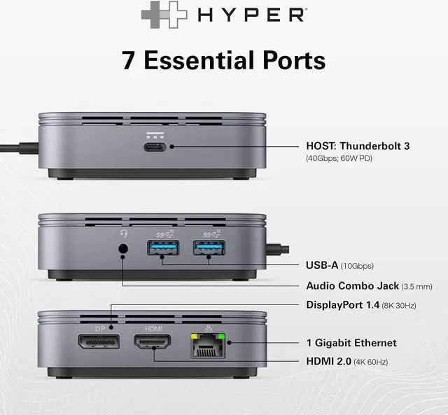 Alt view image 3 of 7 - HyperDrive USB-C & Thunderbolt 4 Dual Monitor Dock - 4K60Hz HDMI Thunderbolt Docking Station -7-in-1 Dock - Slim, Portable, Powerful