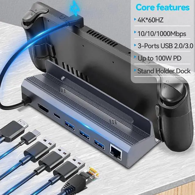 Alt view image 2 of 7 - 4K 60Hz 1000Mbps Docking Station for Steam Deck, 6 in 1 Dock with Gigabit Ethernet, 3 USBA 3.0, USB C, HD MI, 100W Fast Charging Dock, Transfer Speed 5Gbps