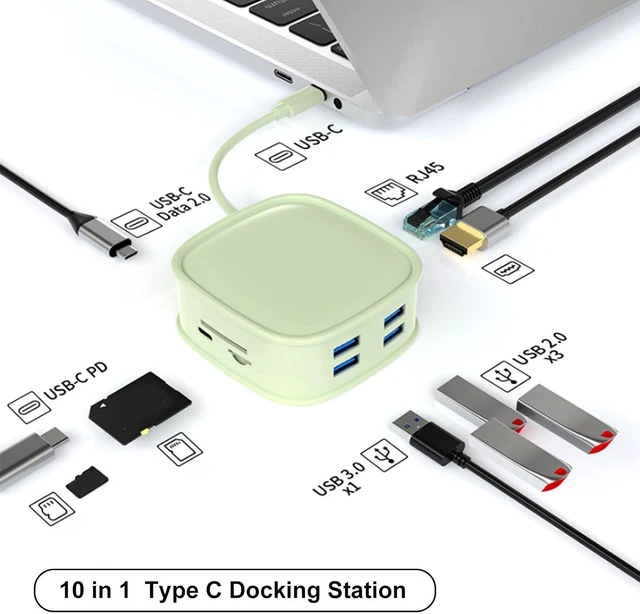 Alt view image 2 of 7 - FLEXMAN 10 in 1 USB C Docking Station, PD Fast Charging, 4K HD, RJ45 Port, High Speed USB C Splitter, Support Computers, Desktop, Laptop with Type C Ports (Green)