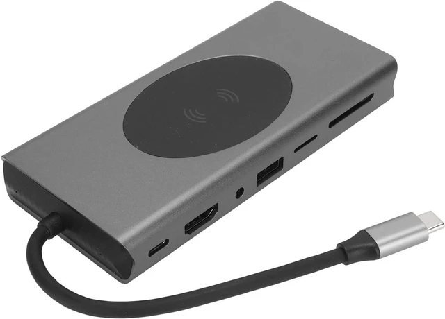 Alt view image 4 of 7 - USB C Docking Station, Premium 15 in 1 Multiport Hub with 4K 30Hz Wireless Charging for Laptop Office Aluminum Alloy Gray
