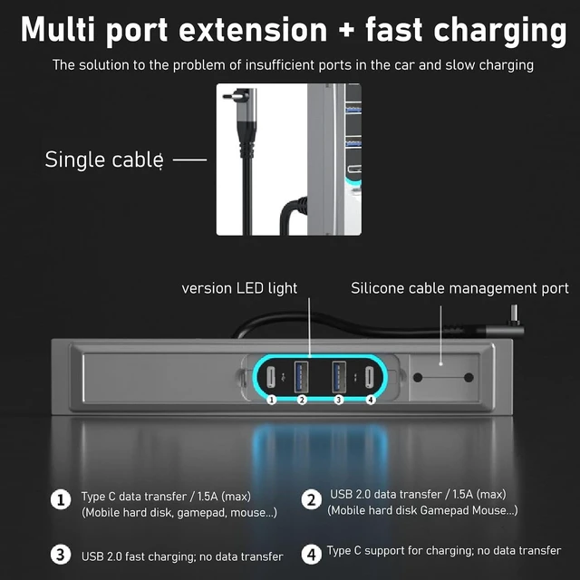 Alt view image 4 of 7 - 27W USB LED Hub for Y Center Console, Silver Fast Charging Multi Port Embedded Digital Docking Station, User Friendly Slip On Design