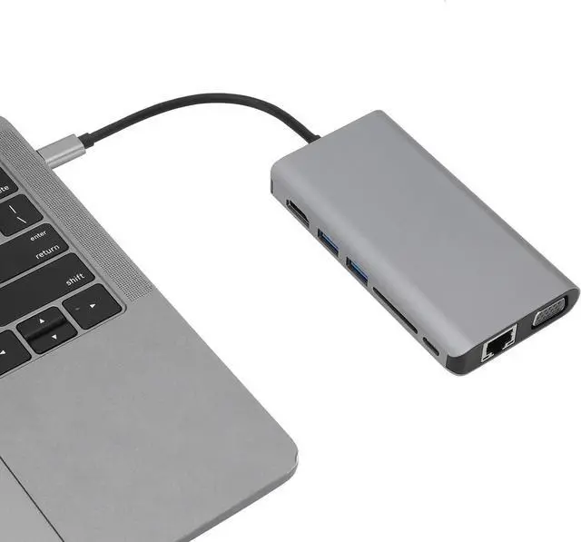 Alt view image 7 of 7 - 8 in 1 Multifunction Laptop Hub, Type C to RJ45 VGA USB3.0 Jack SD HDTV PD Interface, 60W Fast Charging, High Speed Data Transmission, Aluminum Alloy Material, Gray