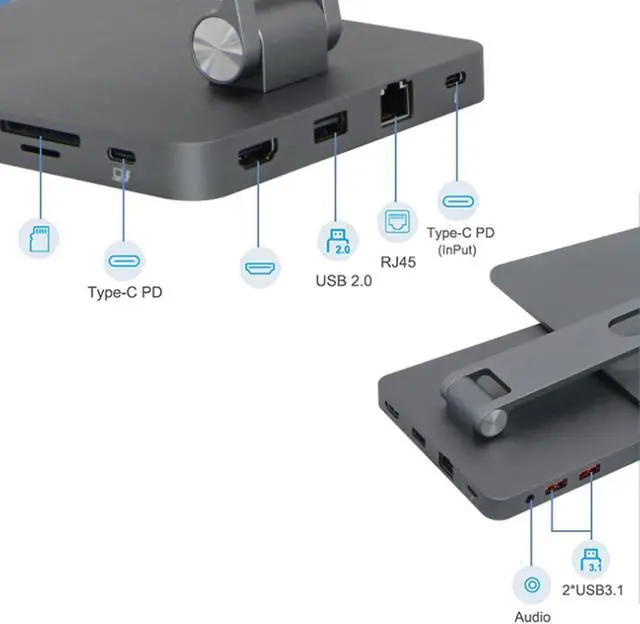 Alt view image 4 of 7 - 10 in 1 Magnetic Stand with Docking Station, Support 4K HD Screen Projection, No Latency, Multi Purpose, Plug and Play Without Drivers, Foldable Portable Aluminum Body(Grey)