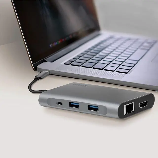 Alt view image 3 of 7 - UA0382 - USB 3.2 (Gen 1) Docking Station with 8 Ports and PD (Power Delivery) 100 W, 1 x USB-C (PD) / 2 x USB 3.0/2 x USB 2.0/1 x HDMI / 1 x DisplayPort / 1 x RJ45 / Silver