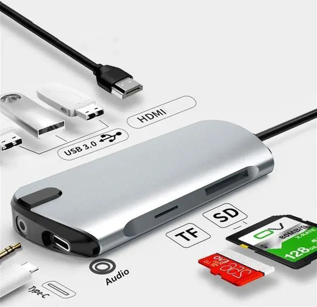 Alt view image 2 of 7 - USB C Hub 8-in-1 Docking Station USB C Adapter with 4K HDMI USB-C Power Delivery 3.5mm Audio 3 USB 3.0 Ports Support SD TF Card Reader Compatible