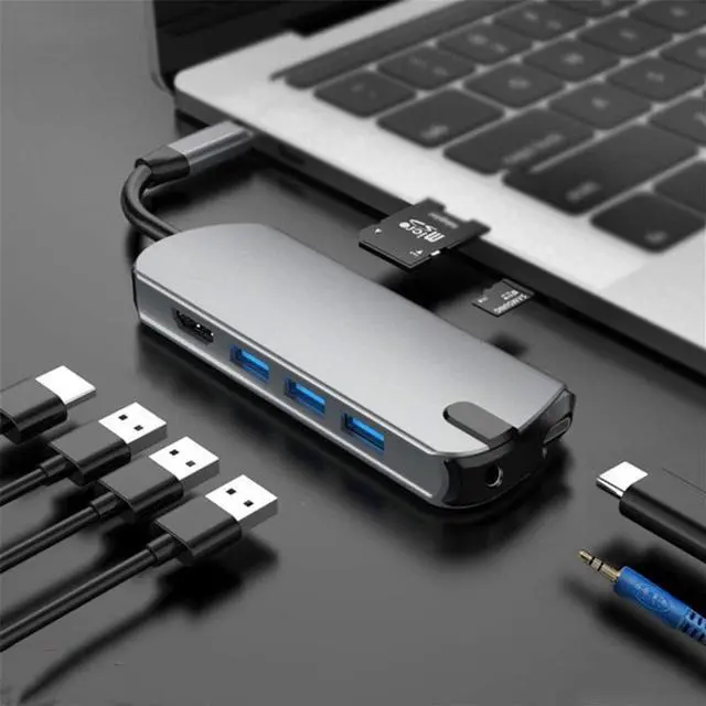 Alt view image 7 of 7 - USB C Hub 8-in-1 Docking Station USB C Adapter with 4K HDMI USB-C Power Delivery 3.5mm Audio 3 USB 3.0 Ports Support SD TF Card Reader Compatible
