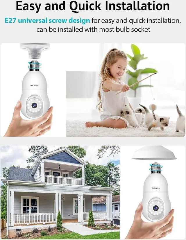 Alt view image 2 of 7 - LaView 4MP Bulb Security Camera 2.4GHz,360° 2K Security Cameras Wireless Outdoor Indoor Full Color Day and Night, Motion Detection, Audible Alarm, Easy Installation, Compatible with Alexa