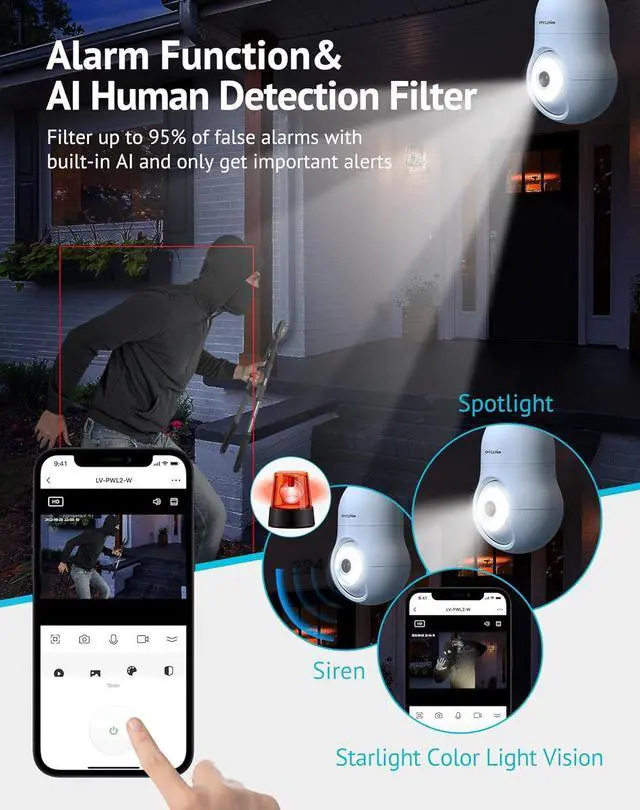 Alt view image 6 of 7 - 4MP Bulb Security Camera 2.4GHz,360° 2K Security Cameras Wireless Outdoor Indoor Full Color Day and Night, Motion Detection, Audible Alarm, Easy Installation, Compatible with Alexa