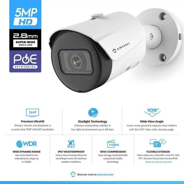 Alt view image 2 of 7 - Amcrest UltraHD 5MP Outdoor POE Camera 2592 x 1944p Bullet IP Security Camera, Outdoor IP67 Waterproof, 103° Viewing Angle, 2.8mm Lens, 98.4ft Night Vision, 5-Megapixel, IP5M-B1186EW-28MM (White)