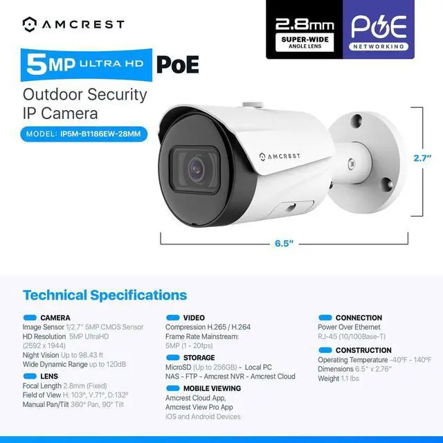 Alt view image 7 of 7 - Amcrest UltraHD 5MP Outdoor POE Camera 2592 x 1944p Bullet IP Security Camera, Outdoor IP67 Waterproof, 103° Viewing Angle, 2.8mm Lens, 98.4ft Night Vision, 5-Megapixel, IP5M-B1186EW-28MM (White)