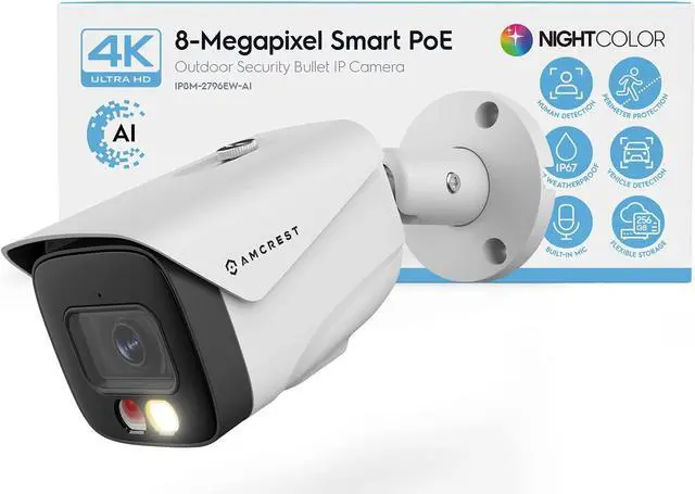 Main image of Amcrest UltraHD 4K (8MP) IP PoE AI Camera, FOV 129°, 49ft Color Nightvision, Security Outdoor Bullet Camera, Human & Vehicle Detection, Active Deterrent, 4K @15fps, IP8M-2796EW-AI (White)