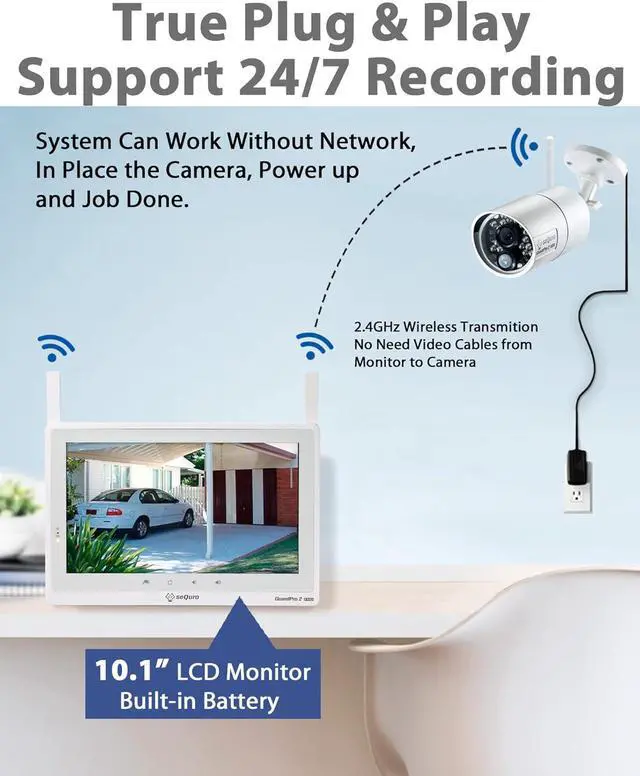 Alt view image 3 of 7 - seQuro GuardPro 2 Wireless Security Camera System, 10.1-inch Touchscreen Monitor, 4CH DVR Kit, 1080p HD Outdoor Bullet Camera, Motion Detection, Night Vision, Waterproof, Free App, Home Security DVR