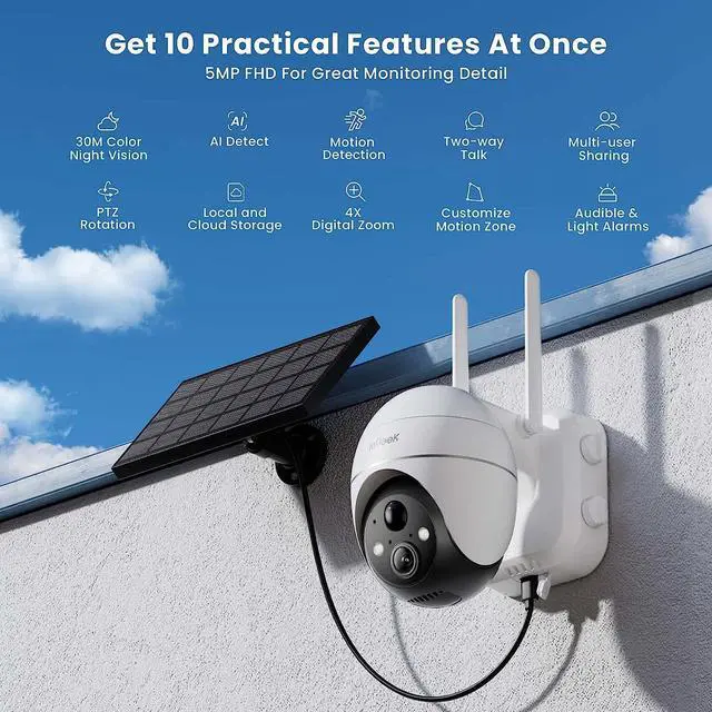 Alt view image 2 of 7 - ieGeek 5MP Security Cameras Wireless Outside, Solar Camera Outdoor Wireless WiFi 360° PTZ Battery Powered with Spotlight & Siren/Motion Detection/Color Night Vision/2-Way Audio/IP65, Works with Alexa