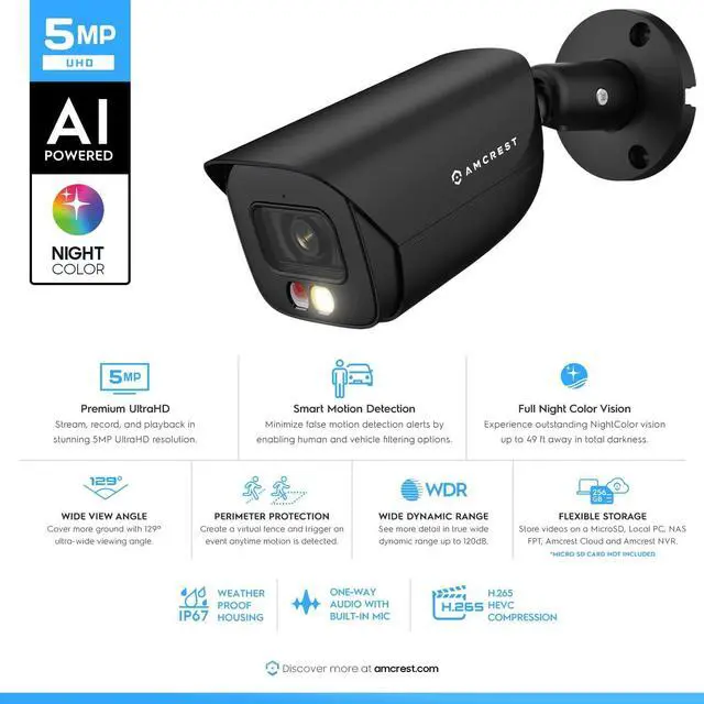 Alt view image 2 of 7 - Amcrest 5MP IP PoE AI Camera w/ 49ft Color Night Vision, Security Outdoor Bullet Camera, Built-in Microphone, Human & Vehicle Detection, Active Deterrent, 129° FOV, 5MP@20fps IP5M-B1276EB-AI (Black)