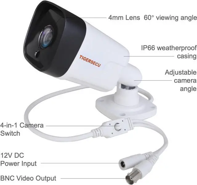 Alt view image 6 of 7 - TIGERSECU 5MP Metal Long Range Security Camera for DVR, Weatherproof for Indoor/Outdoor Use, Hybrid 4-in-1 with OSD Switch, for TVI, CVI, AHD, CVBS DVR (Power Supply and Coaxial Cable Sold Separately)