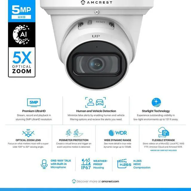 Alt view image 2 of 7 - Amcrest 5MP Optical Zoom AI IP PoE Camera, Varifocal Outdoor IP POE Camera Turret, Human & Vehicle Detection, 2.7mm~13.5mm Lens, IP67, 5X Optical Zoom, (IP5M-VT1289EW-AI)