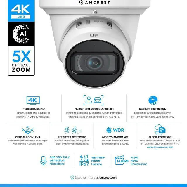 Alt view image 2 of 8 - Amcrest 4K Optical Zoom AI IP PoE Camera, Varifocal Outdoor IP POE Camera Turret, Human & Vehicle Detection, F1.5, 2.7mm~13.5mm Lens, IP67, 5X Optical Zoom (IP8M-VT2679EW-AI)