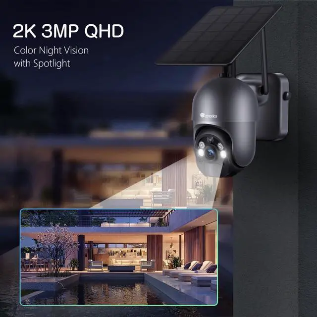 Alt view image 2 of 7 - Ctronics 3MP Solar Security Camera Wireless Outdoor WiFi, PTZ Surveillacne Camera Battery-Powered for Home Security, 360° View, Spotlight Color Night Vision, PIR Human Detection, 2-Way Audio (Grey)