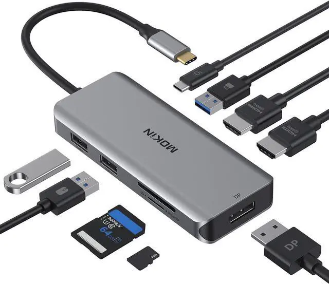 Main image of Docking Station, USB C Adapter, 9 in 1 Triple Display Multiport Dongle with 2 HDMI 4K, DisplayPort, 3 USB, 100W PD, SD/TF Card Reader for MacBook Pro Air Type C Laptops