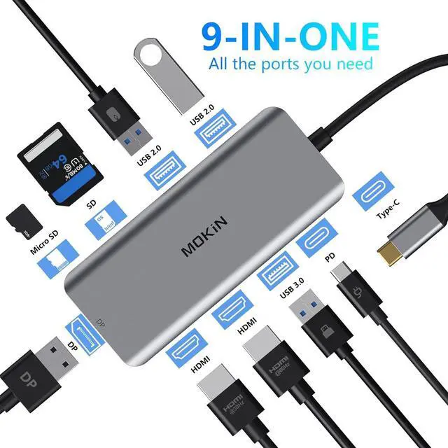 Alt view image 2 of 6 - Docking Station, USB C Adapter, 9 in 1 Triple Display Multiport Dongle with 2 HDMI 4K, DisplayPort, 3 USB, 100W PD, SD/TF Card Reader for MacBook Pro Air Type C Laptops