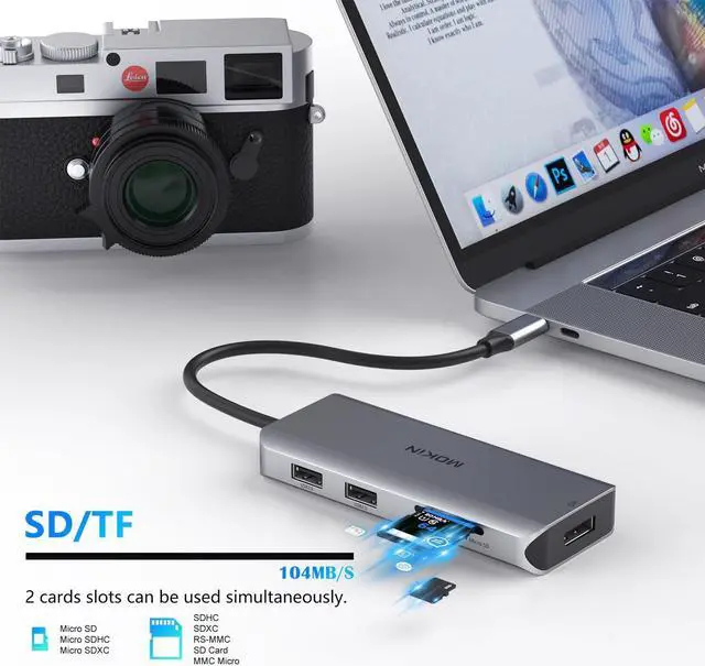 Alt view image 6 of 6 - Docking Station, USB C Adapter, 9 in 1 Triple Display Multiport Dongle with 2 HDMI 4K, DisplayPort, 3 USB, 100W PD, SD/TF Card Reader for MacBook Pro Air Type C Laptops