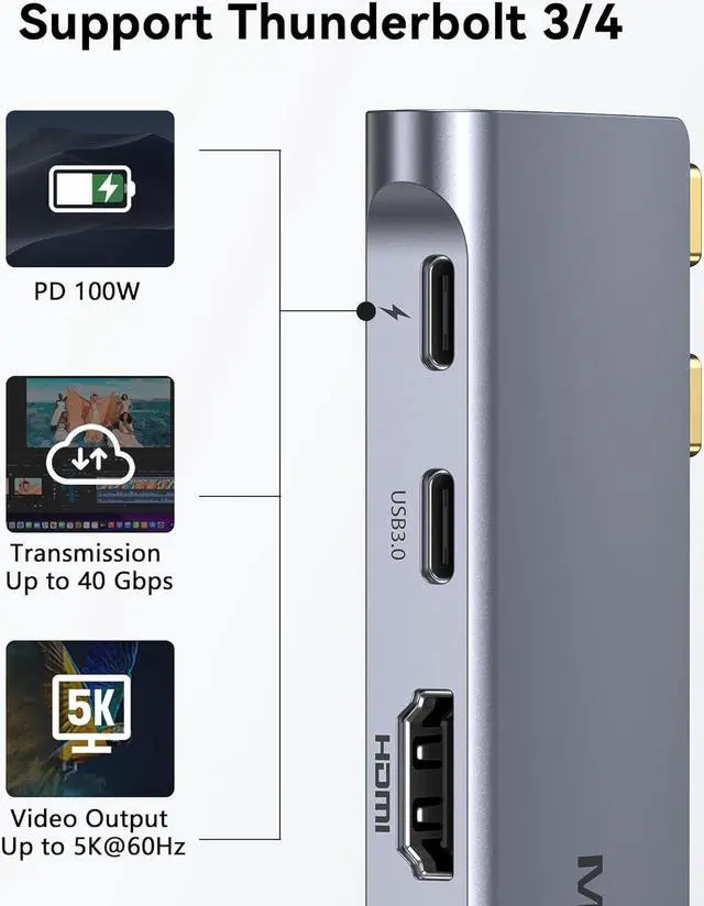 Alt view image 4 of 7 - USB C Adapter for MacBook Pro 2020, MacBook Pro USB Adapter HDMI MacBook Pro Dongle with 4KHDMI, 2 USB 3.0, TF/SD, USB-C 100W and Thunderbolt 3