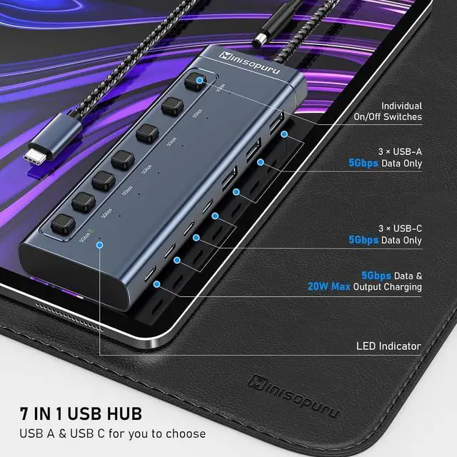 Alt view image 2 of 7 - Minisopuru Powered USB Hub,7 IN1 Powered USB C Hub with 3 USBA 3.0 Data Ports and 4 USB C Data, Smart Charging for iPhone/iPad, USB Splitter with Individual On/Off Switches and 12V/3A Power Adapter