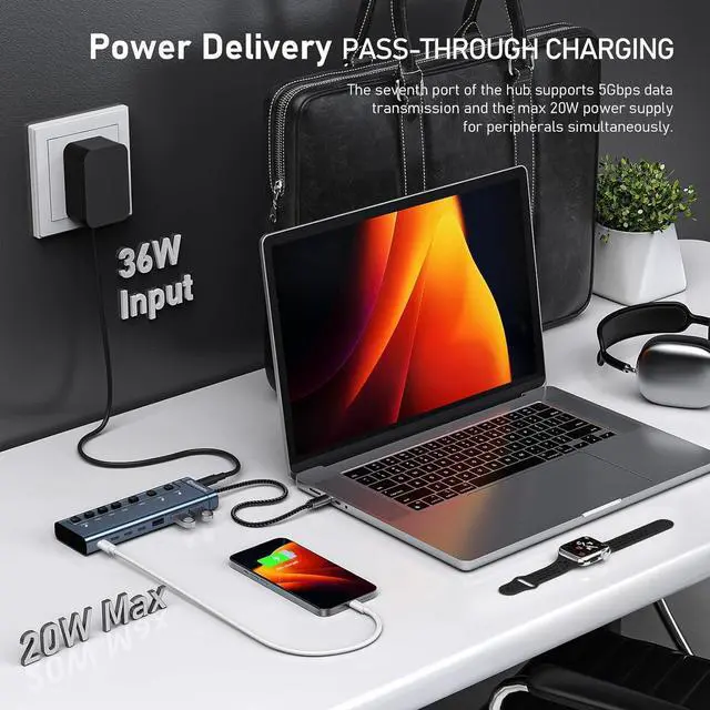 Alt view image 4 of 7 - Minisopuru Powered USB Hub,7 IN1 Powered USB C Hub with 3 USBA 3.0 Data Ports and 4 USB C Data, Smart Charging for iPhone/iPad, USB Splitter with Individual On/Off Switches and 12V/3A Power Adapter