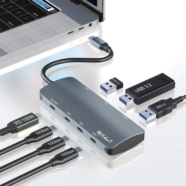 Main image of USB C to USB C Hub 10Gbps 7-in-1 with 3 USB-C 3.2 Gen2 10Gbps, 3 USB 3.2 10Gbps Ports, 100W Power Delivery with 10Gbps Data, USB-C Gen 2 Hub Adapter for MacBook Pro/Air, Chromebook, XPS, USB C devices