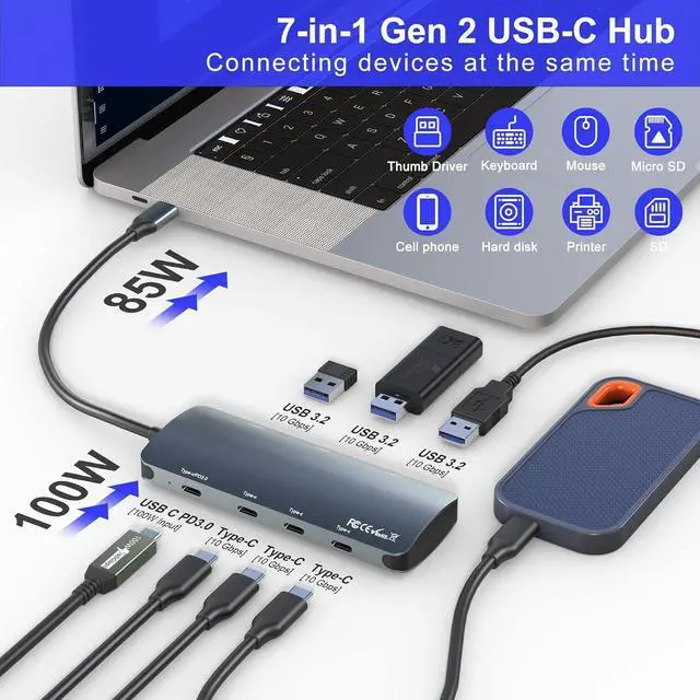 Alt view image 2 of 7 - USB C to USB C Hub 10Gbps 7-in-1 with 3 USB-C 3.2 Gen2 10Gbps, 3 USB 3.2 10Gbps Ports, 100W Power Delivery with 10Gbps Data, USB-C Gen 2 Hub Adapter for MacBook Pro/Air, Chromebook, XPS, USB C devices