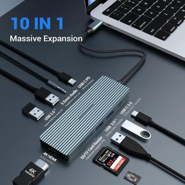 Alt view image 4 of 7 - Tymyp USB C Hub, 10 in 1 Adapter with 4K HDMI, USB 3.0 x 2, USB-C 3.0, USB 2.0 x 2, 100W Power Delivery, SD/TF Card Reader, Audio, Docking Station for Laptop, iPad