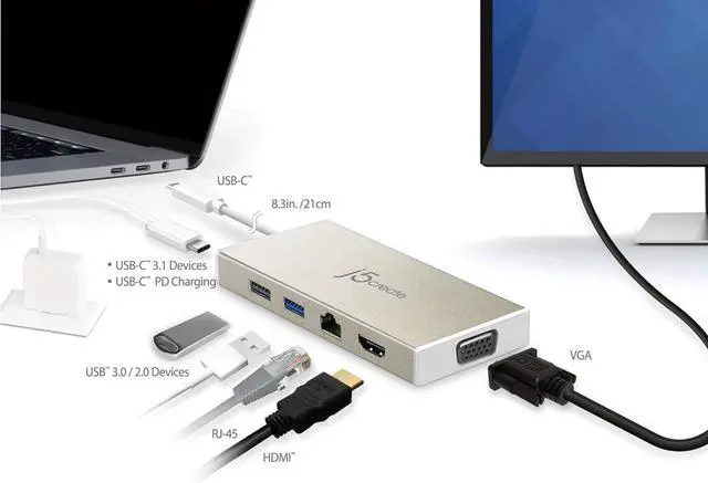 Alt view image 2 of 7 - j5create USB-C 3.1 Mini Hub- USB 3.1/3.0/2.0| HDMI 1920 x 1200 @ 60 Hz/VGA 1920 x 1200 @ 60 Hz | Gigabit Ethernet | Compatible with USB C Devices