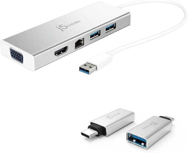 Main image of j5create USB A Hub with HDMI, VGA, Ethernet + USB C to USB Type-A Adapter (JUD380 + JUCX15X2)