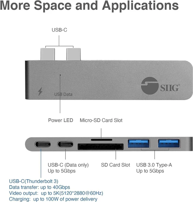Alt view image 3 of 7 - SIIG Thunderbolt 3 USB Type C Hub Adapter for 13" or 15" MacBook Pro - 5k Video Resolution, 40Gbps Data Speed - USB C Data Port, 2 USB 3.1, SD/Micro SD Card Reader Slot - Space Gray