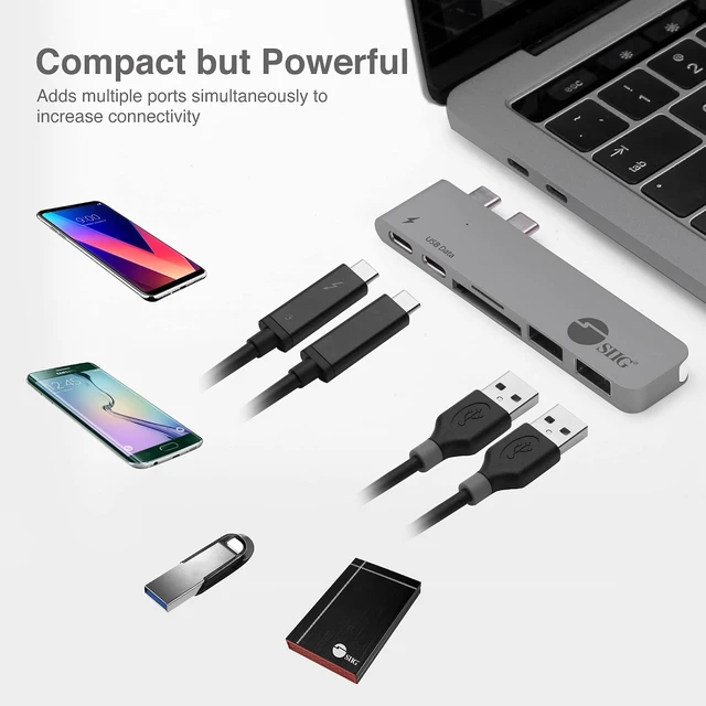 Alt view image 4 of 7 - SIIG Thunderbolt 3 USB Type C Hub Adapter for 13" or 15" MacBook Pro - 5k Video Resolution, 40Gbps Data Speed - USB C Data Port, 2 USB 3.1, SD/Micro SD Card Reader Slot - Space Gray