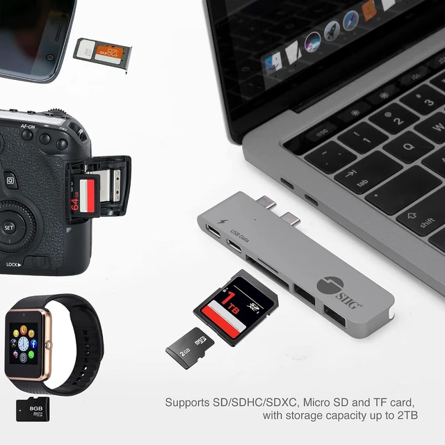 Alt view image 5 of 7 - SIIG Thunderbolt 3 USB Type C Hub Adapter for 13" or 15" MacBook Pro - 5k Video Resolution, 40Gbps Data Speed - USB C Data Port, 2 USB 3.1, SD/Micro SD Card Reader Slot - Space Gray