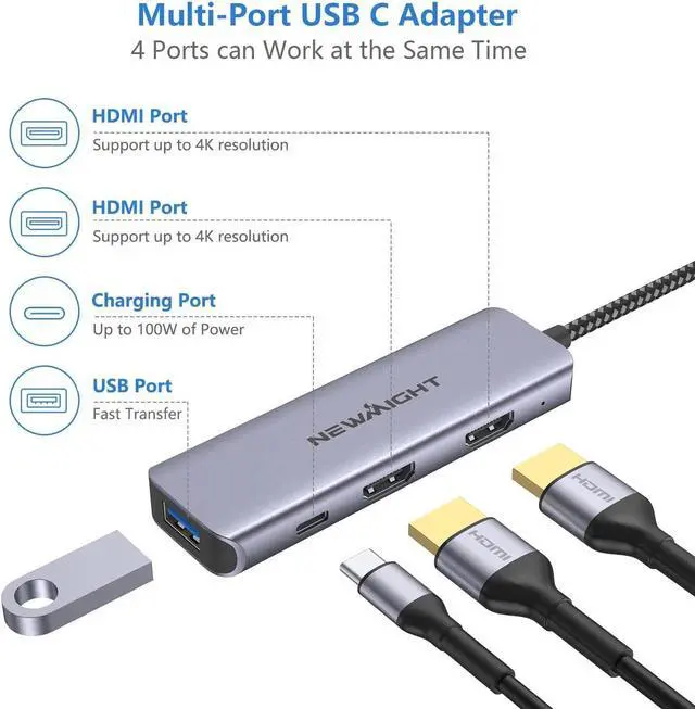 Alt view image 2 of 7 - HDMI Adapter for Dual Monitors, Newmight 4 in 1 USB C to Dual HDMI Adapter with 100W Power Delivery, USB Data Transfer, HDMI to USB C Adapter with 2 HDMI 4K for MacBook, Dell and Other Type C Devices