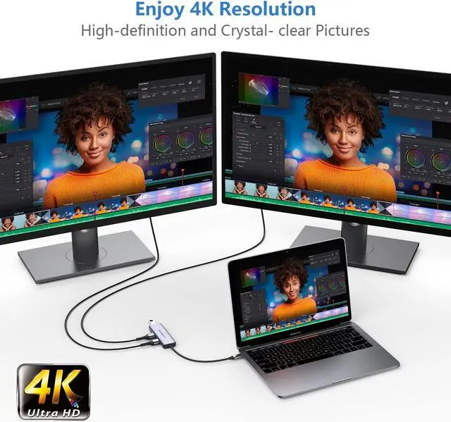 Alt view image 5 of 7 - HDMI Adapter for Dual Monitors, Newmight 4 in 1 USB C to Dual HDMI Adapter with 100W Power Delivery, USB Data Transfer, HDMI to USB C Adapter with 2 HDMI 4K for MacBook, Dell and Other Type C Devices