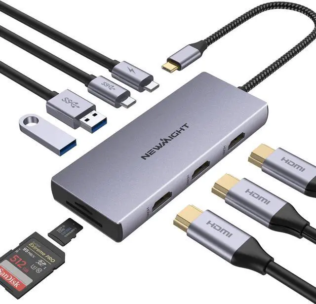 Main image of USB C Docking Station, Newmight 9 in 1 USB C to 3 HDMI Adapter with 100W PD Charging, 2 USB A 3.0, USB C 3.0, SD/TF Card Reader, USB C Hub Multiple Monitor Adapter for MacBook HP Dell XPS Lenovo Yoga