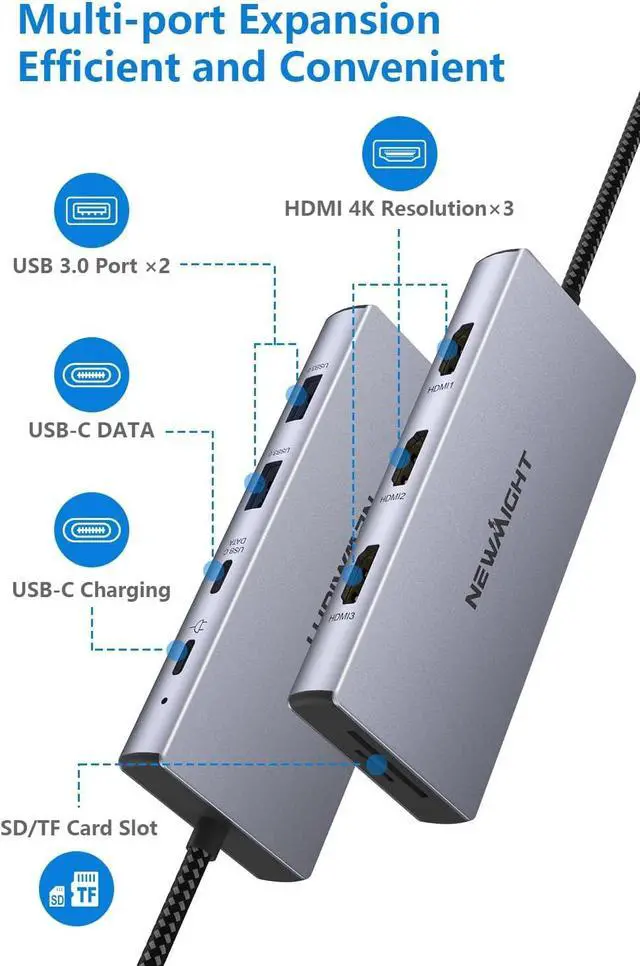 Alt view image 2 of 7 - USB C Docking Station, Newmight 9 in 1 USB C to 3 HDMI Adapter with 100W PD Charging, 2 USB A 3.0, USB C 3.0, SD/TF Card Reader, USB C Hub Multiple Monitor Adapter for MacBook HP Dell XPS Lenovo Yoga