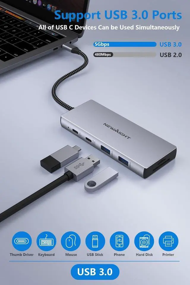 Alt view image 5 of 7 - USB C Docking Station, Newmight 9 in 1 USB C to 3 HDMI Adapter with 100W PD Charging, 2 USB A 3.0, USB C 3.0, SD/TF Card Reader, USB C Hub Multiple Monitor Adapter for MacBook HP Dell XPS Lenovo Yoga
