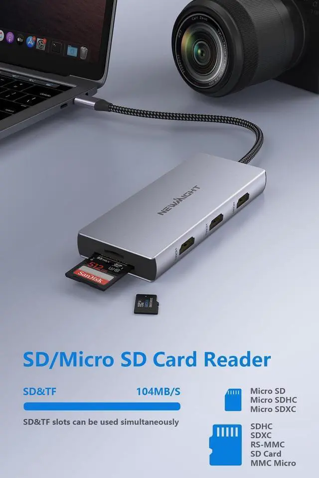 Alt view image 6 of 7 - USB C Docking Station, Newmight 9 in 1 USB C to 3 HDMI Adapter with 100W PD Charging, 2 USB A 3.0, USB C 3.0, SD/TF Card Reader, USB C Hub Multiple Monitor Adapter for MacBook HP Dell XPS Lenovo Yoga
