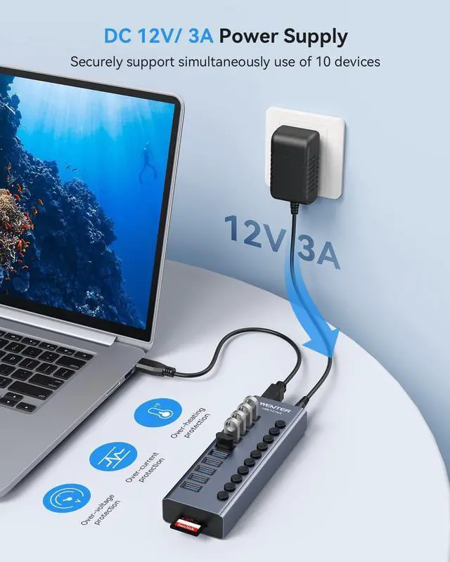 Alt view image 4 of 7 - Powered USB 3.0 Hub Wenter 10 Ports 36W Powered USB Hub Aluminum USB Splitter with Individual On/Off Switches SD/TF Card Readers and 12V/3A Power Adapter for PC/Laptops/MacBook Pro/Air/iMac/iPad