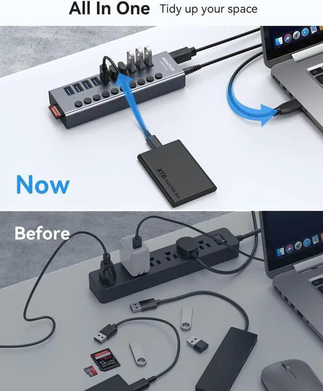 Alt view image 5 of 7 - Powered USB 3.0 Hub Wenter 10 Ports 36W Powered USB Hub Aluminum USB Splitter with Individual On/Off Switches SD/TF Card Readers and 12V/3A Power Adapter for PC/Laptops/MacBook Pro/Air/iMac/iPad