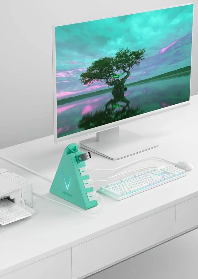 Alt view image 3 of 7 - 4-Port USB 3.0 Hub with 2 ft Extended Cable, FlyingVHUB Vertical Data USB Hub, for Mac, PC, Xbox One, PS4, PS5, iMac, Surface Pro, XPS, Laptop, Desktop, Flash Drive, Mobile HDD (Green)
