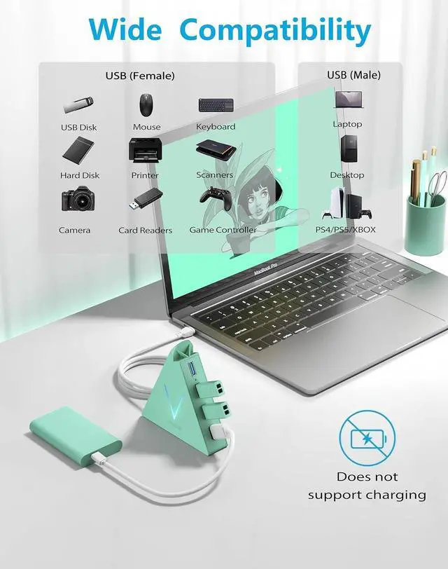 Alt view image 2 of 7 - 4-Port USB 3.0 Hub with 2 ft Extended Cable, FlyingVHUB Vertical Data USB Hub, for Mac, PC, Xbox One, PS4, PS5, iMac, Surface Pro, XPS, Laptop, Desktop, Flash Drive, Mobile HDD (Green)