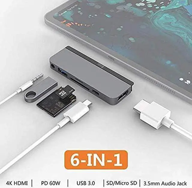 Alt view image 2 of 7 - HyperDrive USBC Hub Adapter 6-in-1 Dongle with USB C PD Charging, 4K HDMI, USB 3.0, 3.5mm Headphone Jack, SD, Micro SD - Compatible with iPad Pro 2020 2019 2018 (Space Gray)