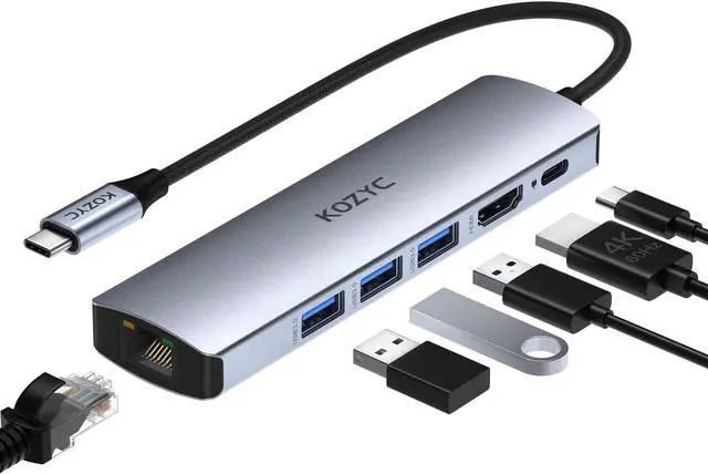 Main image of USB C Hub Multiport Adapter, KOZYC 6 in 1 USB C to HDMI Dock with 1 HDMI 2.0, 1Gbps RJ45 Ethernet, 3 USB 3.0, 100W PD Compatible with MacBook Air/Pro, XPS13/15, Dell, HP, Samsung Galaxy S9/S9+