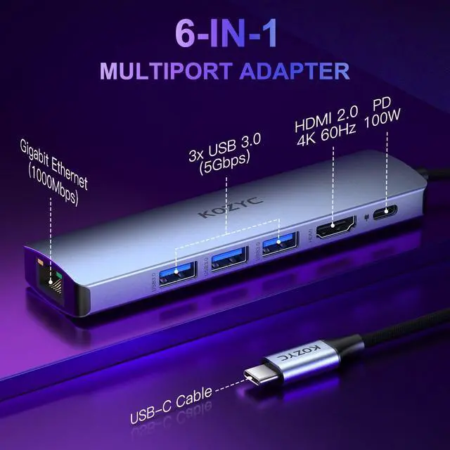 Alt view image 2 of 7 - USB C Hub Multiport Adapter, KOZYC 6 in 1 USB C to HDMI Dock with 1 HDMI 2.0, 1Gbps RJ45 Ethernet, 3 USB 3.0, 100W PD Compatible with MacBook Air/Pro, XPS13/15, Dell, HP, Samsung Galaxy S9/S9+