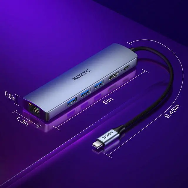 Alt view image 7 of 7 - USB C Hub Multiport Adapter, KOZYC 6 in 1 USB C to HDMI Dock with 1 HDMI 2.0, 1Gbps RJ45 Ethernet, 3 USB 3.0, 100W PD Compatible with MacBook Air/Pro, XPS13/15, Dell, HP, Samsung Galaxy S9/S9+